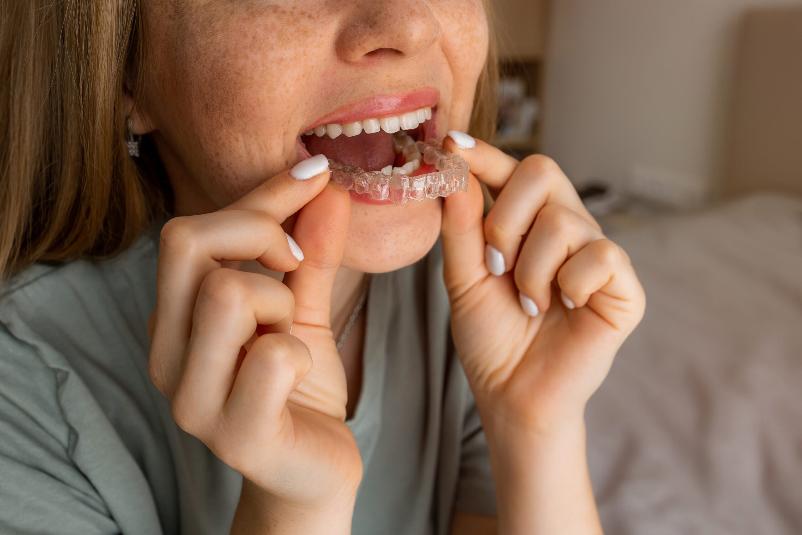 closeup of a young woman placing her clear aligners